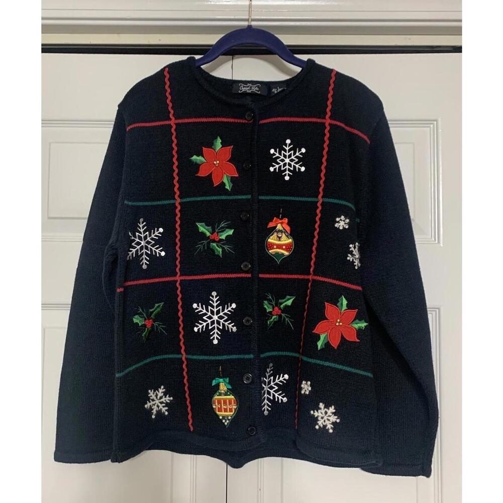 Vintage Crystal Kobe Embroidered Beaded Christmas Sweater Cardigan L (AA39)